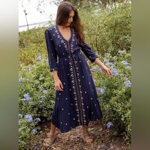 NATURAL LIFE Navy Embroidered V-Neck Maxi Dress